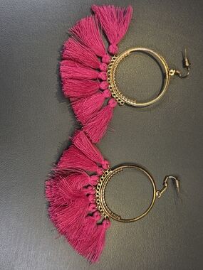 Gold Hoop Earrings with Fuchsia Tassels - Women's Fashion Jewelry